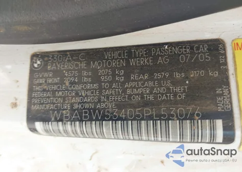 2005 BMW 330Ci z USA, uszkodzony, nr VIN WBABW53405PL53076